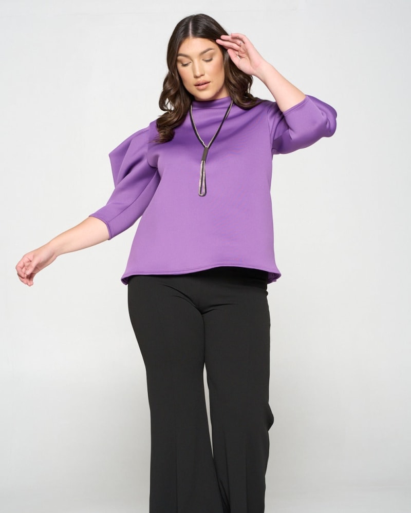 Front of a model wearing a plus size Statement Sleeve Neoprene Top in Lilac by L I V D. | dia_product_style_image_id:240160